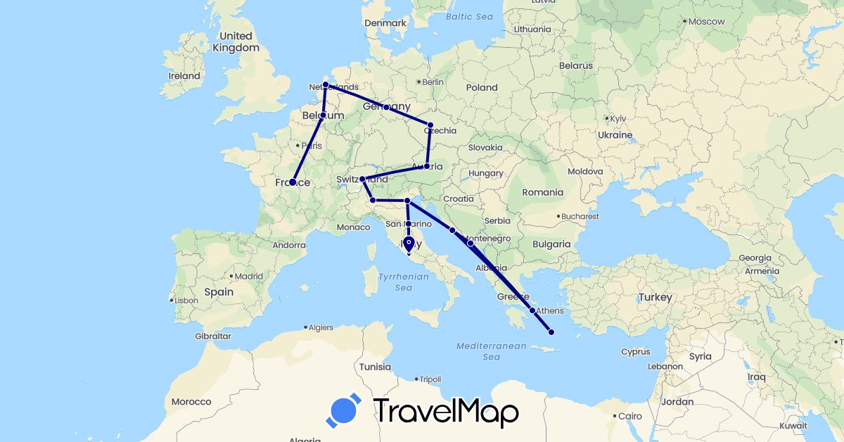 TravelMap itinerary: driving in Austria, Belgium, Switzerland, Czech Republic, Germany, France, Greece, Croatia, Italy, Netherlands, San Marino (Europe)